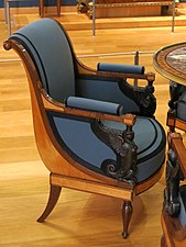 Armchair of the salon of Madame Récamier; attributed to Jacob Frères; c.1798; various types of wood; 84.5 x 62.2 x 62 cm; Louvre[74]