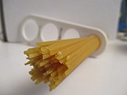 Dried spaghetti measured with a "spaghetti measure". One portion of dried pasta weighs 116 g (4+1⁄8 oz), twice the amount of one serving on the package (12 mm circle or 60 g.). The measure can portion out 1, 2, 3, or 4 servings based on the diameter of the circle.