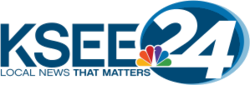 At left, the letters K S E E in a sans serif with stylized cuts. At right, a two-tone blue oval containing a white numeral 24, overlaid by the NBC peacock at the lower left. Beneath the K S E E letters are the words "Local News that Matters".