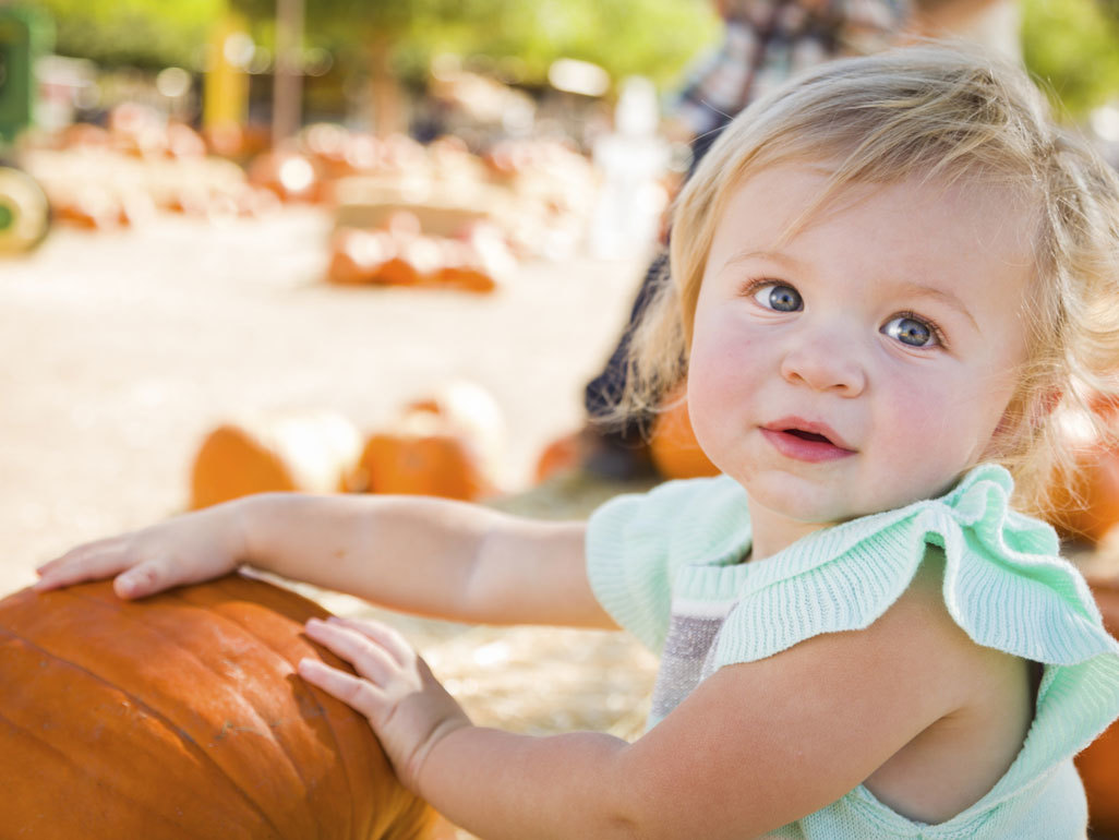 A baby girl with a pumpkin