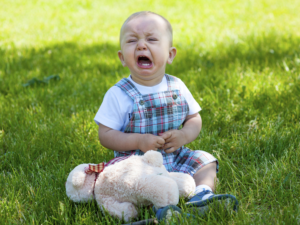 child crying while sitting on the grass with his lamb toy