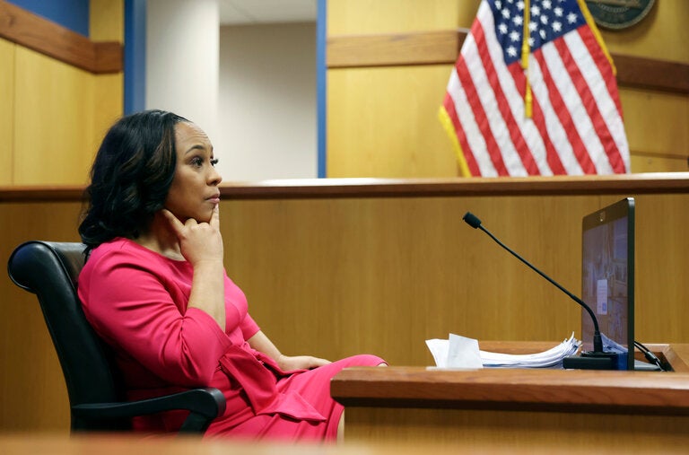 Fani T. Willis, the Fulton County district attorney, at a hearing in Atlanta on Thursday. She searingly refuted allegations that she had a disqualifying conflict of interest.