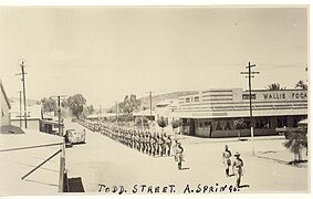 March of Army personnel on Todd Street, Alice Springs, this is now the Todd Mall.