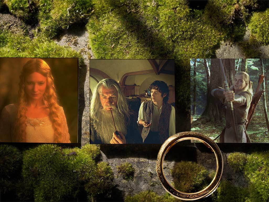 A collage of images from the Lord of the Rings films, from left: Cate Blanchett as Galadriel, Ian McKellen as Gandalf and Elijah Wood as Frodo Baggins; and Orlando Bloom as Legolas