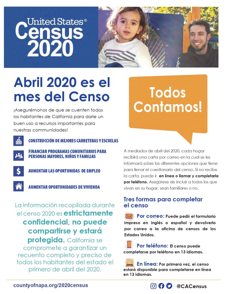 In this image, people are being encouraged to participate in the 2020 US Census in order to ensure that all California residents are counted and that important resources are used effectively. Full Text: United States® Census 2020 Abril 2020 es el mes del Censo Todos Contamos! ¡Asegurémonos de que se cuenten todos los habitantes de California para darle un buen uso a recursos importantes para nuestras communidades! CONSTRUCCIÓN DE MEJORES CARRETERAS Y ESCUELAS FINANCIAR PROGRAMAS COMUNITARIOS PARA A mediados de abril del 2020, cada hogar PERSONAS MAYORES, NIÑOS Y FAMILIAS recibirá una carta por correo en la cual se les informará sobre las diferentes opciones que tiene $ AUMENTAR LAS OPORTUNIDAS DE EMPLEO para llenar el cuestionario del censo. Si no recibe la carta, puede ir en línea o llamar y completarla AUMENTAR OPORTUNIDADES DE VIVIENDA por teléfono. Asegúrese de incluir a todos los que vivan en su hogar, sean familiares o no. La información recopilada durante Tres formas para completar el censo el censo 2020 es estrictamente confidencial, no puede Por correo: Puede pedir el formulario impreso en inglés o español y devolverlo compartirse y estará por correo a la oficina de censos de los protegida. California se Estados Unidos. compromete a garantizar un Por teléfono: El censo puede recuento completo y preciso de completarse por teléfono en 13 idiomas. todos los habitantes del estado el En línea: Por primera vez, el censo primero de abril del 2020. estará disponible para completarse en línea en 13 idiomas. countyofnapa.org/2020census 0 f 9 @CACensus