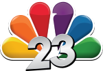 A silver slightly angled number 23 with a black drop shadow superimposed over the NBC peacock.