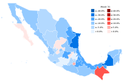 Percentage of increase or decrease of new cases by state by week (as of August 11, 2020[update])