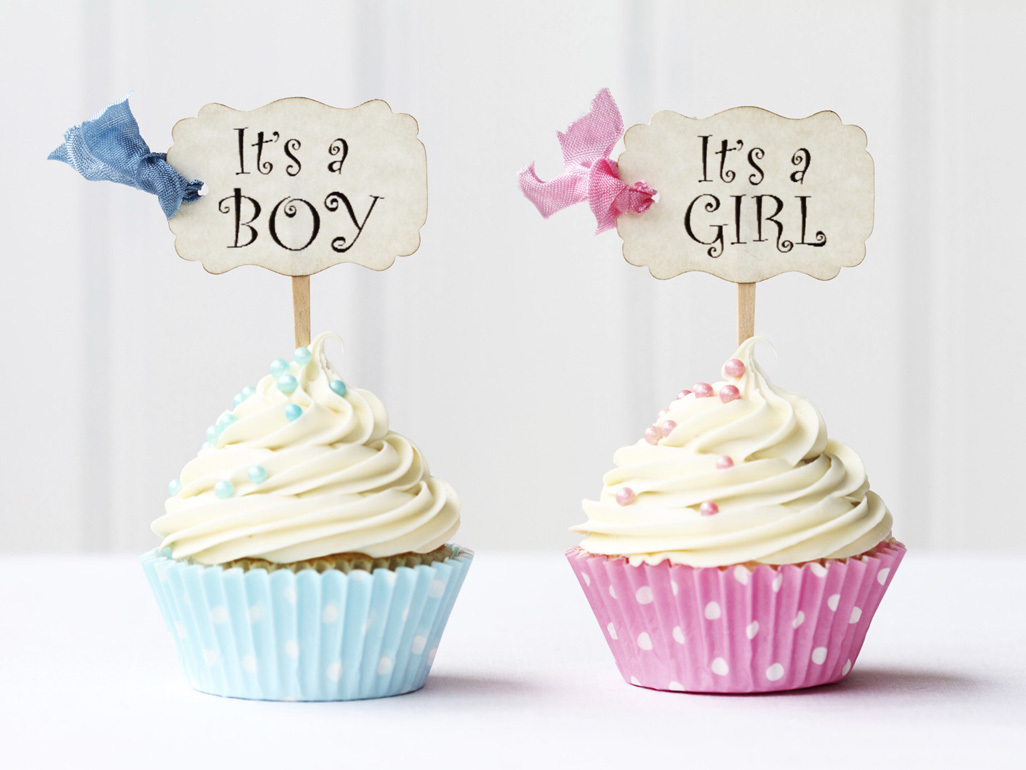 Blue and pink cupcakes on a table with 'it's a boy' and 'it's a girl' signs.