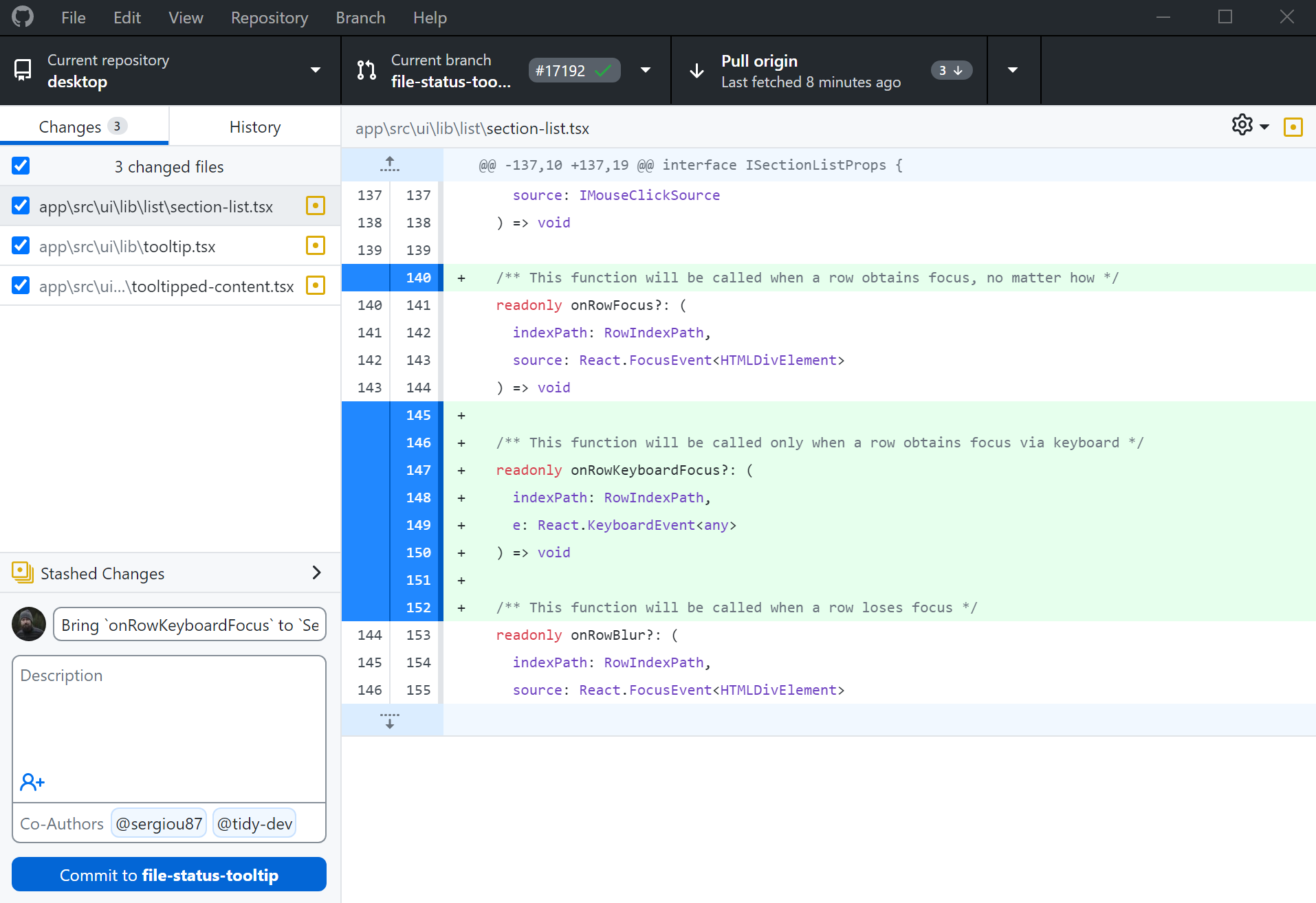 A
        screenshot of the GitHub Desktop application showing changes being
        viewed and committed with two attributed co-authors