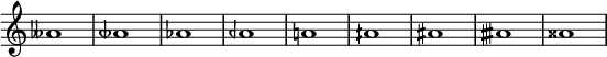  {

\override Score.TimeSignature
#'stencil = ##f
    \relative c'' {
        \time 4/4
\language "english"
        aff1 atqf af aqf a! aqs as atqs ass
    }  }
