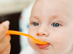 baby eating pureed vegetables from a spoon