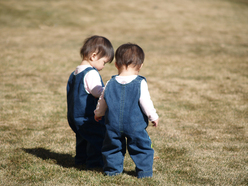 Two toddlers walking together on grass