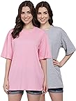 FUNDAY FASHION Cotton Half Sleeve Printed Oversized T-Shirt for Womens/Girls (Pack of 2) (Small, Grey & Pink)