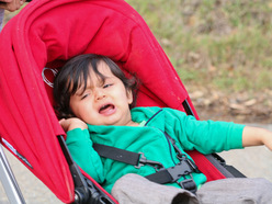 Annoyed toddler in pram struggling against the harness