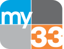 A four-quadrant rounded rectangle, from top left: blue, dark gray, light gray, light orange. In the blue box, the lowercase word "my" in white in a sans serif. In the lower lower right box, a white 33 in a sans serif.