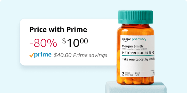 Amazon pharmacy bottle with price card which shows 80% Prime savings off of the retail price