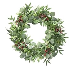 Softflame Artificial Eucalyptus Wreath 24 Inch for Front Door, Green Spring Wreath with Red Berries and Eucalyptus Leaves f…