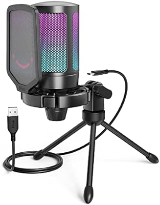 FIFINE Gaming USB Microphone for PC PS5, Condenser Mic with Quick Mute, RGB Indicator, Tripod Stand, Pop Filter, Shock Mou...