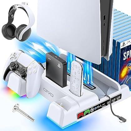 PS5 / PS5 Slim Stand and Cooling Station with RGB LED Controller Charging Station for Playstation 5 Console, PS5 Controlle...