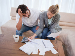 A couple sorting through a pile of bills to pay