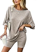 Ekouaer Pajamas 2 Piece Lounge Sets Ribbed Knit Matching Outfits T-Shirt Biker Shorts Sleepwear Loungewear Sweatsuits