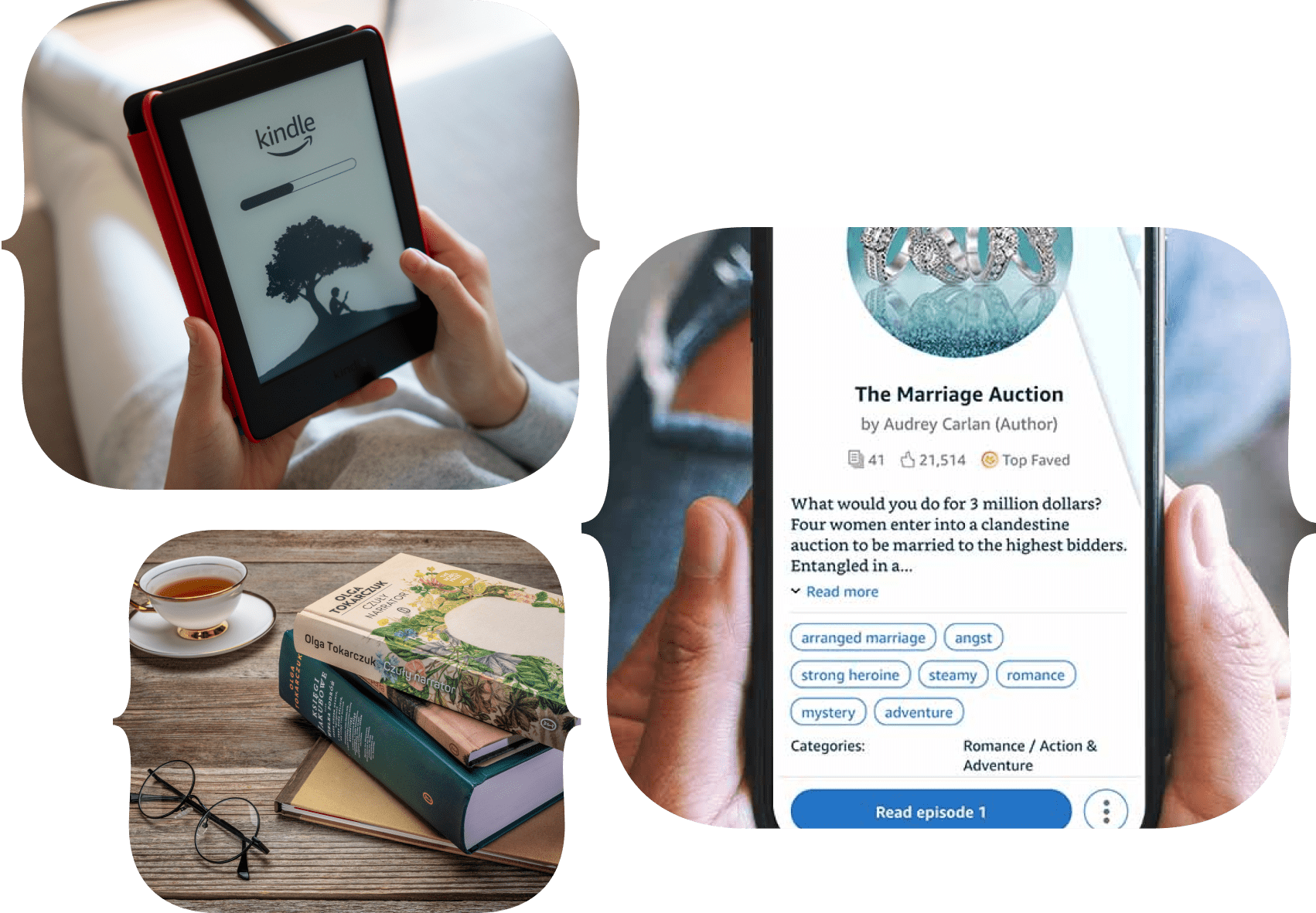 Collage of a Kindle book, Kindle Vella story on a mobile, and paperbacks