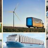 An image with various photos inside of it. The image shows a wind farm with an Amazon delivery van parked on it, a large cargo ship, seaweed under water, and a solar farm.