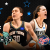 A graphic showing two images of WNBA stars playing basketball. Text on the graphic says "THE MVP vs THE #1 PICK" with the WNBA logo above and the "It's on Prime" logo below.
