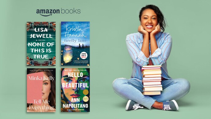 An image of text that reads Amazon Books, four book covers, and a woman seated with a stack of books.