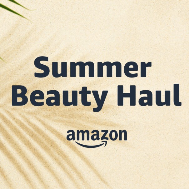 An image of sand and palm frond and text that reads: Summer Beauty Haul Amazon.