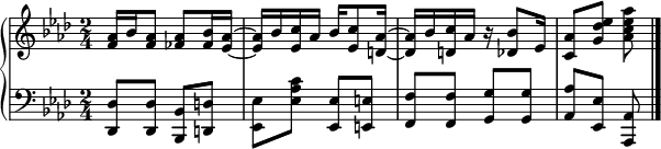  {
   \new PianoStaff <<
      \new Staff <<
         \new Voice \relative c' {
             \clef treble \key aes \major \time 2/4
             <f aes>16 bes <f aes>8 <fes aes> <fes bes>16 <es aes>~
             <es aes> bes' <es, c'> aes bes <es, c'>8 <d aes'>16~
             <d aes'> bes' <d, c'> aes' r <des, bes'>8 es16
             <c aes'>8 <g' des' es> <aes c es aes>
             }
            >>
     \new Staff <<
         \relative c, {
             \clef bass \key aes \major \time 2/4
             <des des'>8 <des des'> <bes bes'> <d d'>
             <es es'> <es' aes c> <es, es'> <e e'>
             <f f'> <f f'> <g g'> <g g'> <aes aes'> <es es'> <aes, aes'> \bar "|."
             }
         >>
    >>
}
