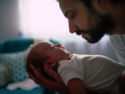 father putting tiny baby to sleep