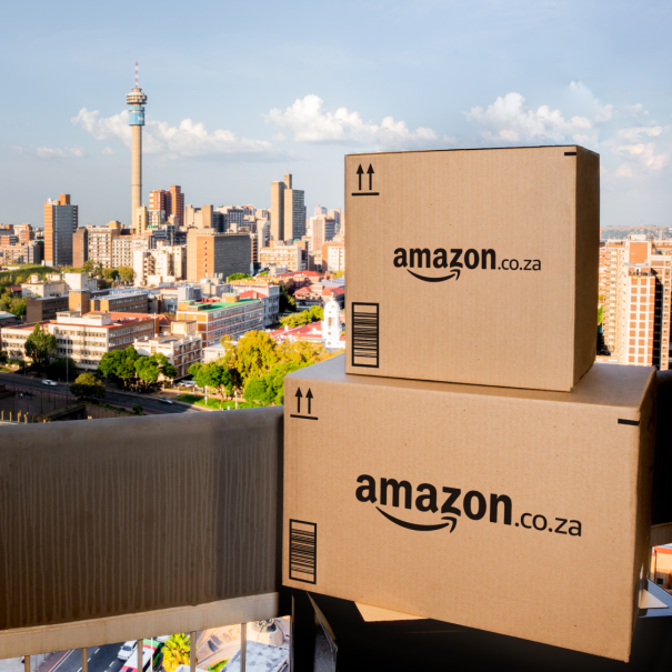 Amazon boxes stacked outside in South Africa