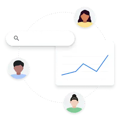 Illustration représentant trois utilisateurs autour d’une requête de recherche montrant leurs différences et un graphique linéaire représentant les centres d’intérêt du public.
