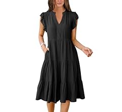 Womens Summer Ruffle Sleeve V Neck Midi Dress 2024 Fashion Casual Fit Flowy Tiered Boho Beach Vacation Sundress