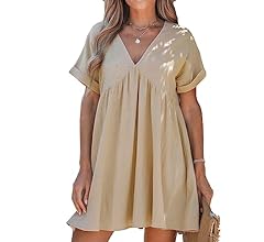 Women's V-Neck Dress Short Sleeves Mini Dresses Rolled Cuffs Dressing Casual Summer