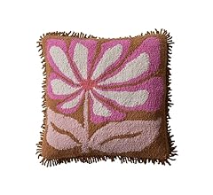 Creative Co-Op, Pink Cotton Punch Hook Pillow with Flower and Fringe, Brown, Natural, Square