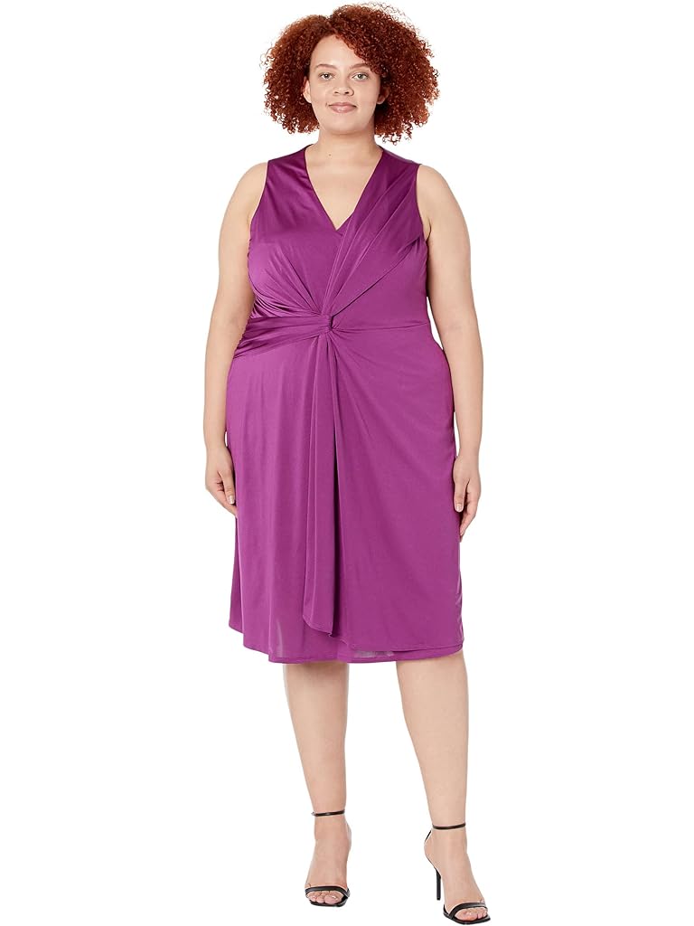 London Times Plus Size V-Neck Sleeveless Draped Midi Dress