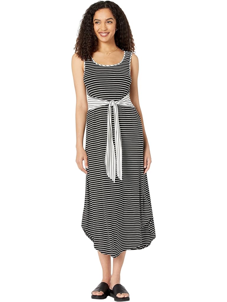 London Times Scoop Neck Tie Waist Shirttail Stripe Dress