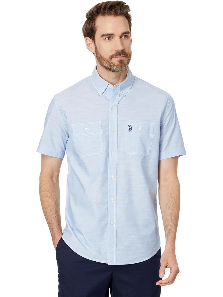 U.S. POLO ASSN. Short Sleeve Classic Fit Solid Yarn Dye Stretch Slub End On End 2 Pocket Woven Shirt