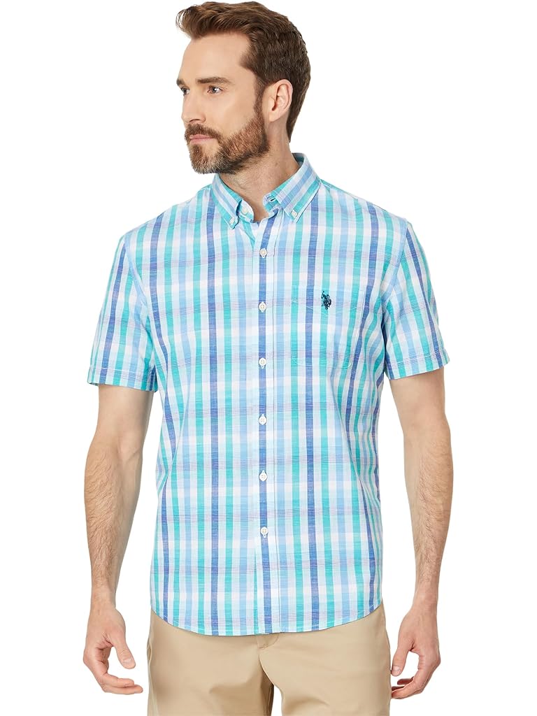 U.S. POLO ASSN. Short Sleeve Classic Fit 1 Pocket Cotton Yarn Dye Slub Plaid Poplin Woven Shirt