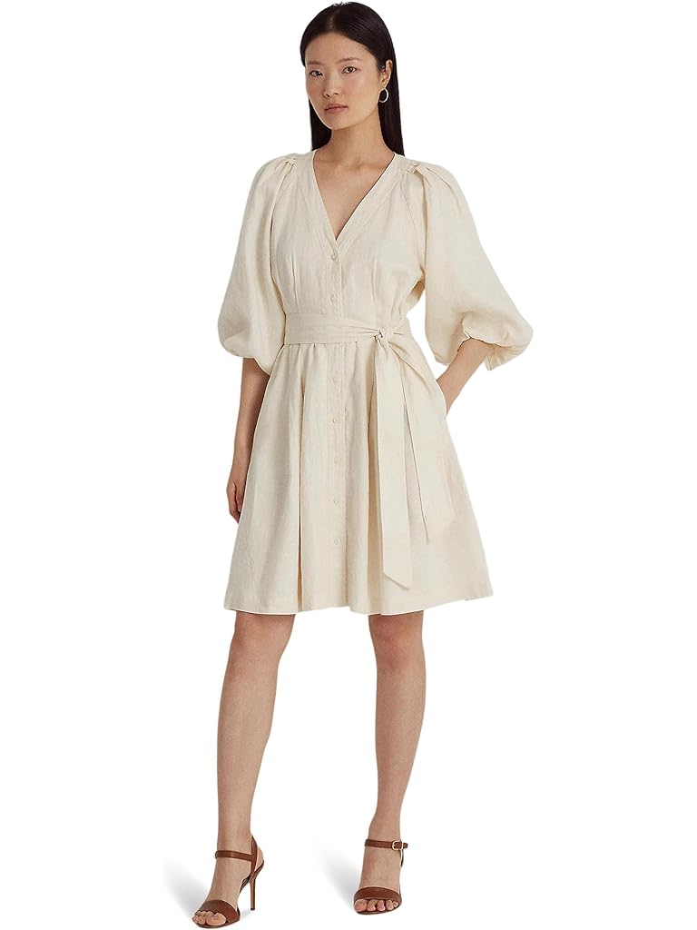 LAUREN Ralph Lauren Belted Linen Bubble-Sleeve Dress