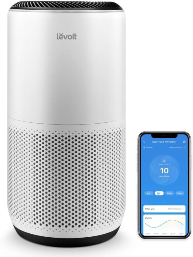 LEVOIT Air Purifiers for Home Large Room Up to 1980 Ft² in 1 Hr With Air Quality Monitor, Smart WiFi and Auto Mode, 3-in-1 Filter Captures Pet Allergies, Smoke, Dust, Core 400S/Core 400S-P, White