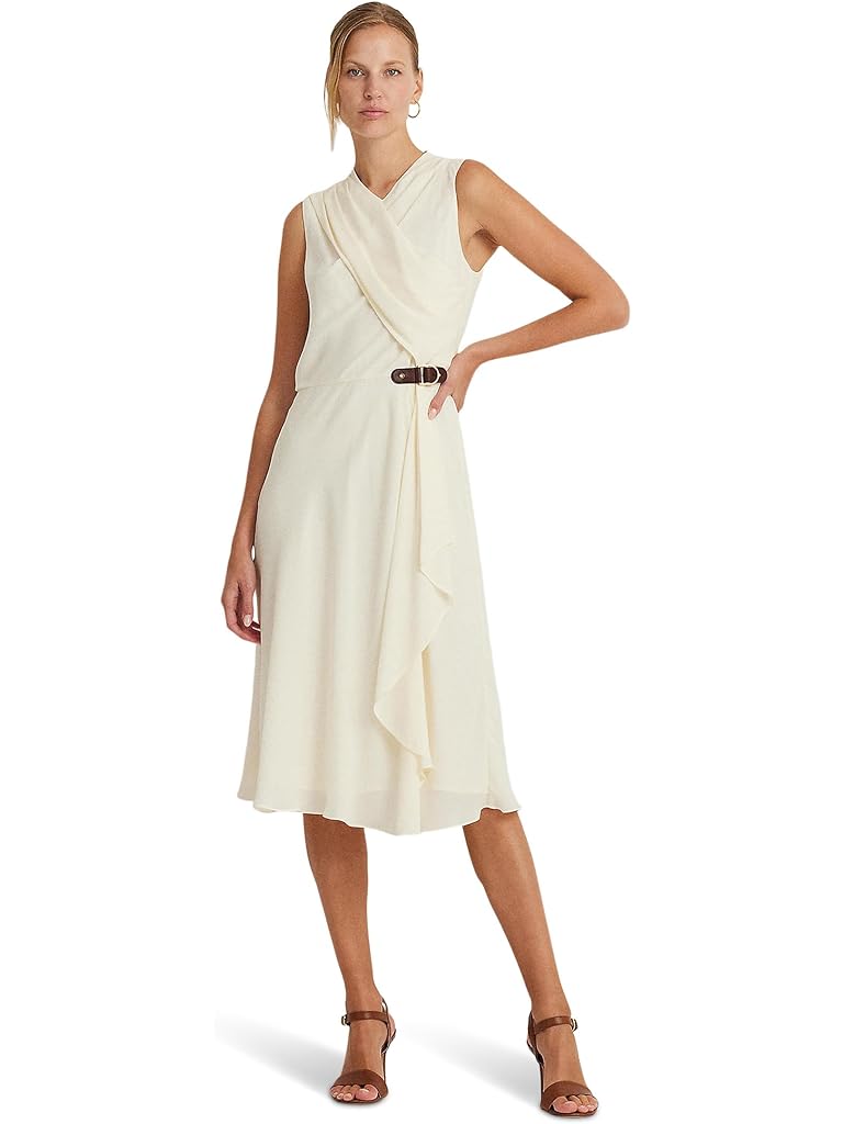 White LAUREN Ralph Lauren Buckle-Trim Georgette Sleeveless Dress