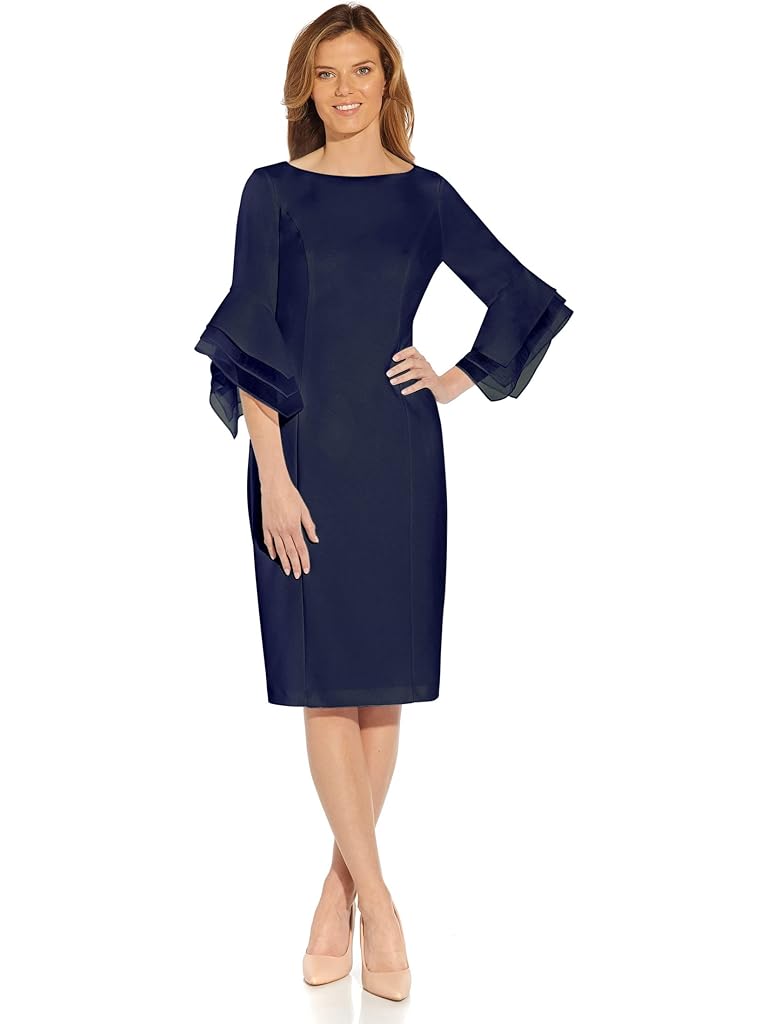 Navy Adrianna Papell Stretch Knit Crepe Sheath Dress with Tiered Organza Bell Sleeve