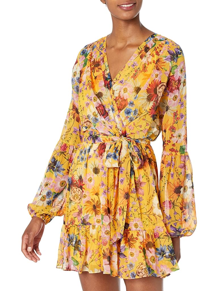 Yellow Betsy & Adam Short Long Sleeve Lurex Floral Dress