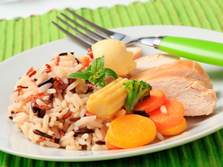 Plate of food with rice, vegetables and chicken