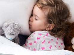 Little girl fast asleep next to cuddly toys