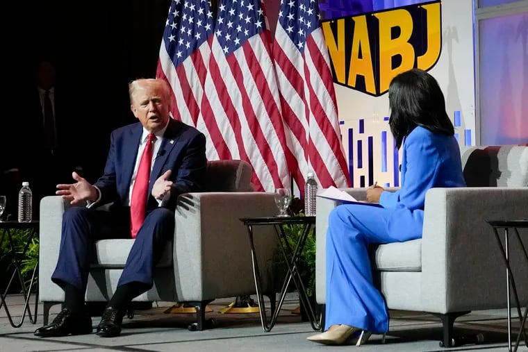 Republican presidential candidate former President Donald Trump and Rachel Scott of ABC News at the National Association of Black Journalists convention July 31 in Chicago.