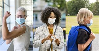 collage of photos showing woman getting vaccinated, woman wearing a face mask and using hand sanitizer, and young boy going to school wearing a face mask